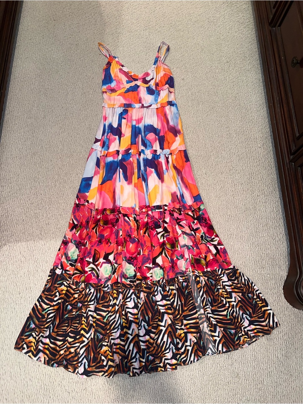 Women Multicolor Tiered Maxi Dress - Vibrant Floral & Animal Print